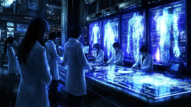 Team of scientists is working in a futuristic laboratory using a digital interface with anatomical 3d projections