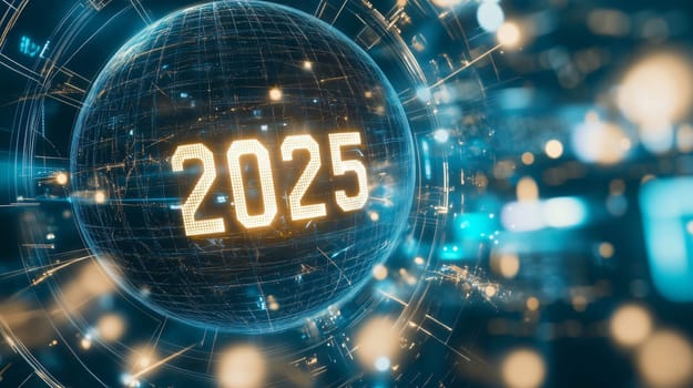 Futuristic blue and orange planet earth hologram is displaying the year 2025