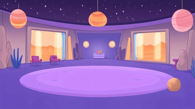 Cartoon style illustration depicting the interior of a futuristic space station with a view of the planet surface through the windows