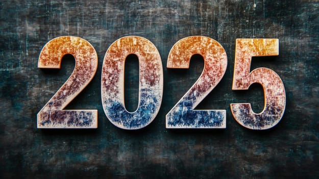 Large, textured numbers reading 2025 are making a statement on this dark background