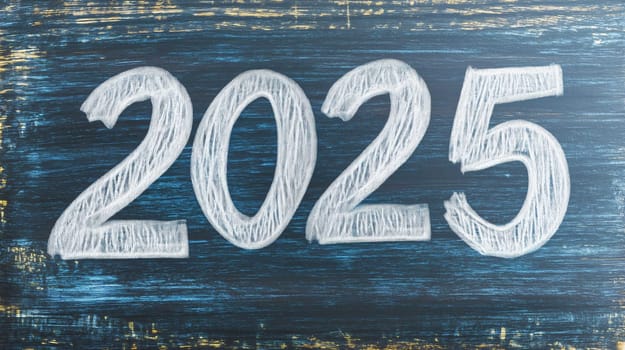 2025 year hand drawn with white chalk on vintage blue wooden board