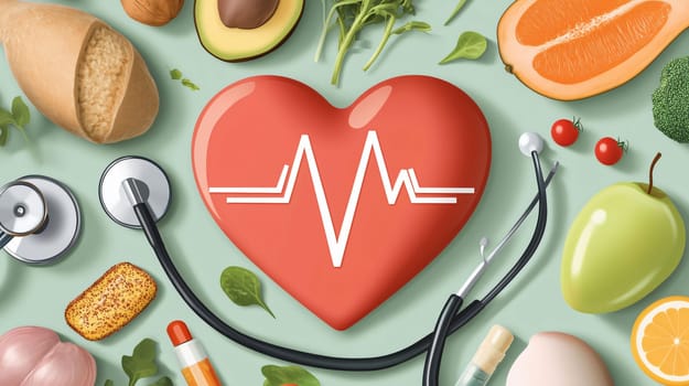 Promoting a healthy lifestyle with this heart checkup illustration surrounded by various healthy foods and medical equipment