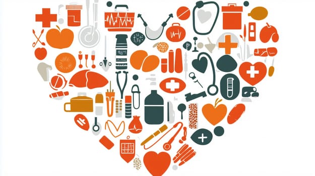 Healthcare icons are forming a heart shape promoting medical awareness
