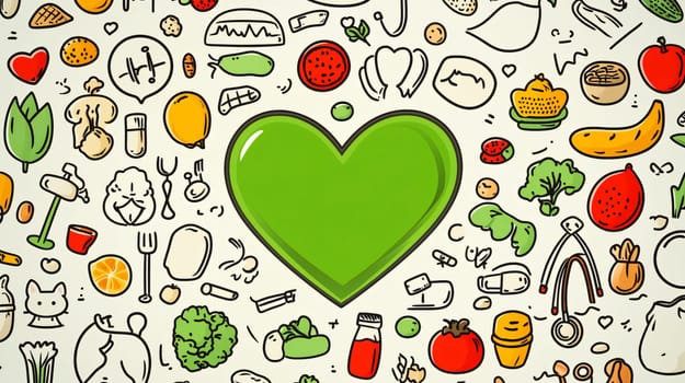 Green heart surrounded by colorful hand drawn icons representing healthy lifestyle, food, sport, medicine
