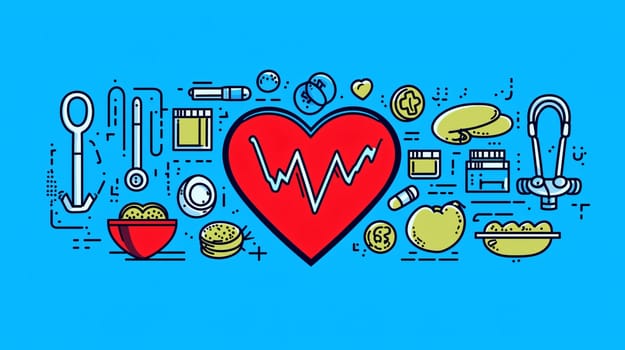 Medical banner presenting cardiology department with icons of pills, cardiogram, heart shape, blood pressure monitor and stethoscope