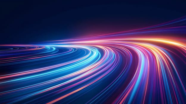 Colorful light trails are showing the speed of something moving on a winding road at night
