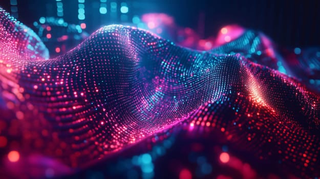 Abstract background formed by a grid of glowing particles forming a wave pattern with depth of field