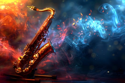 Saxophone and vibrant notes in swirling abstract blue and red background.