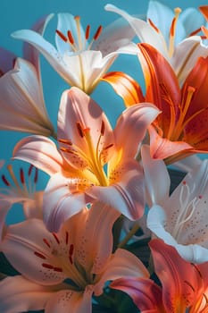 A closeup art photograph of a bunch of lilies on a blue background, showcasing the intricate details of their petals and pedicels