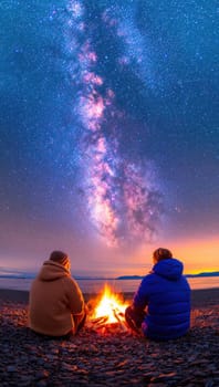 Two people sitting by a campfire under a starry sky with the Milky Way.