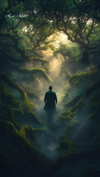 A figure walking through a mystical forest with sunlight filtering through the trees.