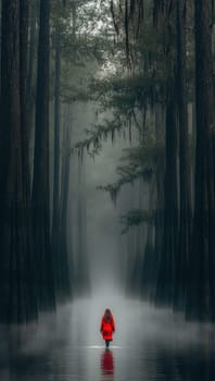 A figure in a red coat standing in a misty forest. Concept of mystery and solitude.