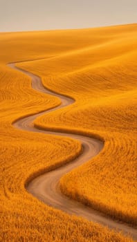 Winding dirt road through golden wheat fields at sunset. Concept of nature and tranquility.