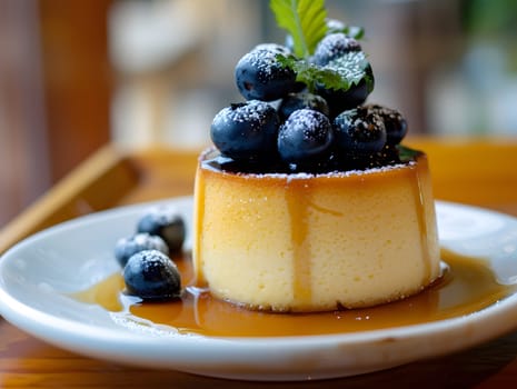 Classic cheesecake garnished with blueberries and caramel drizzle in natural light