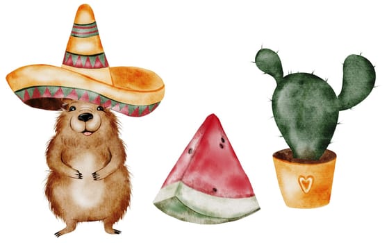 Capybara watercolor. A funny cartoon animal in a Mexican sombrero hat with a watermelon and cactus. Cute water pig hand drawing on isolated white background. Clip art of a friendly guinea pig. Ideal for stickers, posters and cards. High quality illustration