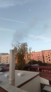 City day landscape, town building architecture background photo,pipe smoke, blue sky fall,October 22 2024 Hradec Kralove, Czech Republic Europe, Kralov region. High quality photo