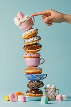 Hand is holding a cup catching flying donuts, chocolate bars and marshmallows on a blue background. This image evokes the concept of sweet breakfast