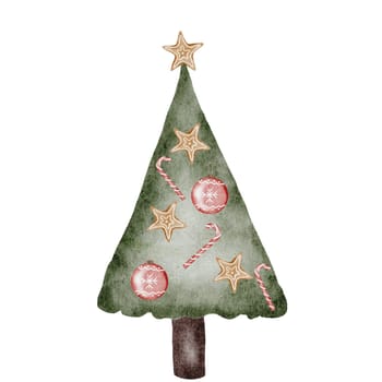 Christmas tree cartoon. Watercolor drawing of christmas symbol on isolated white background. Clip art of pine tree for design of cards and invitations. New Year 2025 design. High quality illustration