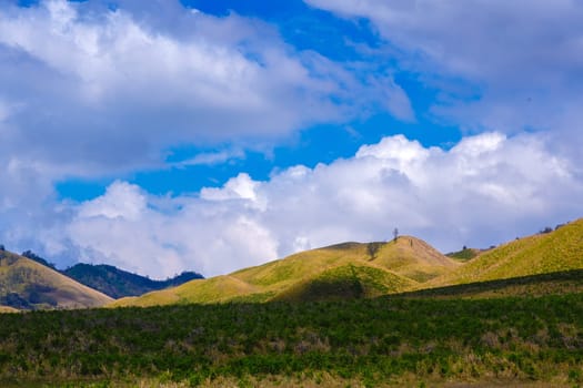 A picturesque landscape of rolling hills with vibrant green grass under a dramatic blue sky and fluffy white clouds.