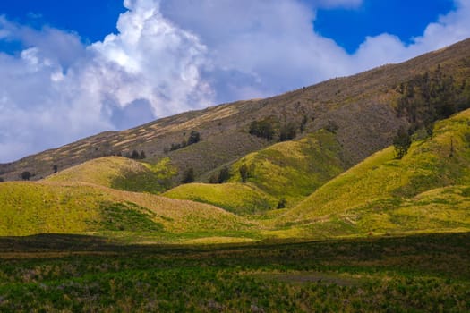 A picturesque landscape of rolling hills with vibrant green grass under a dramatic blue sky and fluffy white clouds.