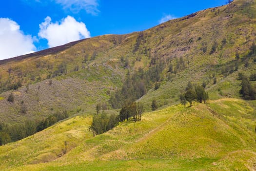 A picturesque landscape of rolling hills with vibrant green grass under a dramatic blue sky and fluffy white clouds.