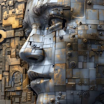 An engineering marvel, this metal sculpture of a mans face combines art and urban design. The intricate patterns created from composite materials give it a unique facade