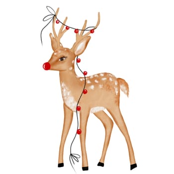 Watercolor Christmas kawaii deer. Hand drawn forest animal with a garland on the horns on isolated white background. New Year card template. Ideal for greeting card and poster. High quality illustration