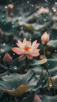 Pink lotus flower blooming amidst raindrops in a tranquil garden setting