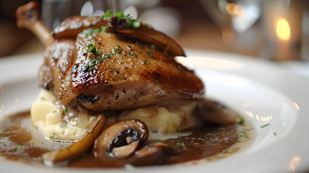 Exquisite duck dish garnished with mushrooms, served over mashed potatoes.