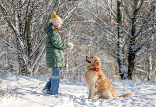 Small Girl With Golden Retriever Plays With Snow In Winter Forest