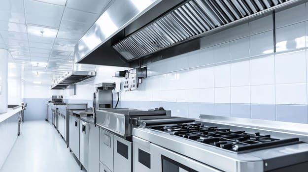 Professional kitchen with stainless steel countertop and stove with frying pan is ready for cooking