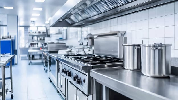 Professional kitchen showing stainless steel pots and stove top in modern restaurant