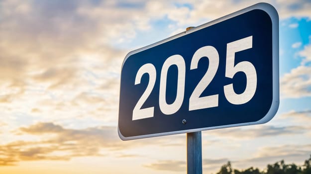 Close-up picture of a road sign displaying the year 2025, suggesting upcoming opportunities and the future