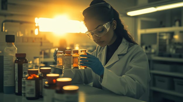 Scientist wearing a lab coat and safety glasses is holding a sample vial and working in a laboratory at sunset