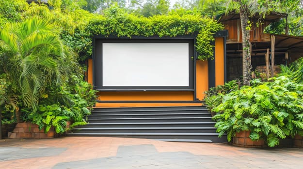 Empty billboard on a stage surrounded by tropical plants, ideal for your advertising message