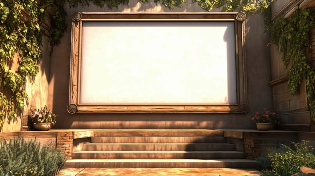 Blank billboard is hanging on a stone wall with plants and stairs in front of it