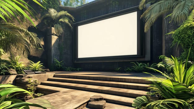 Blank billboard is attached to a stone wall in a tropical jungle setting with lush vegetation