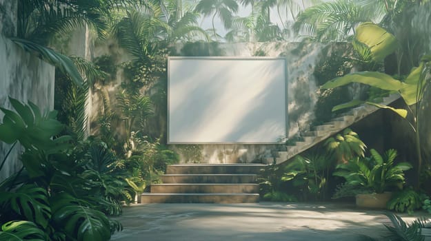 Blank billboard displaying on lush tropical garden background, concrete stairs, and sunlight creating a mockup space