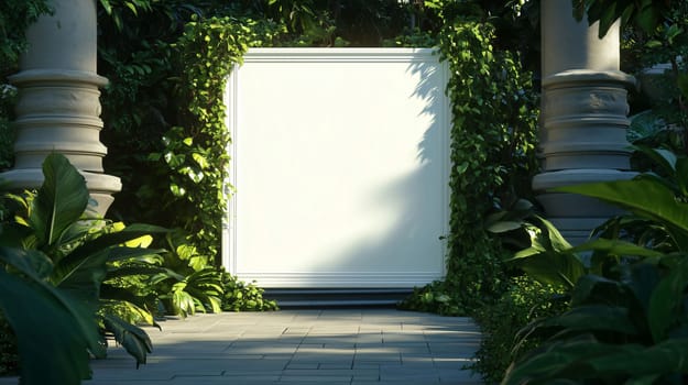White blank frame is displaying in a classic style garden, surrounded by lush green plants, creating a serene and natural ambiance