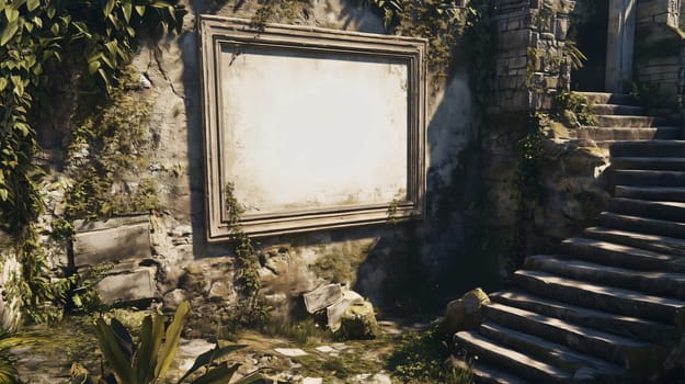 Empty picture frame hanging on a moss covered wall in ancient ruins with stone steps leading to an archway