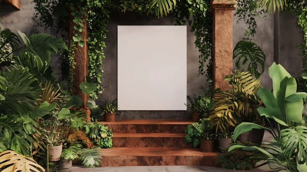 Blank frame hanging on a tropical jungle wall with plants surrounding it