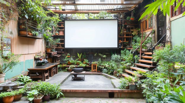 Blank white projection screen is hanging in a patio garden, surrounded by plants, creating a cozy and inviting atmosphere