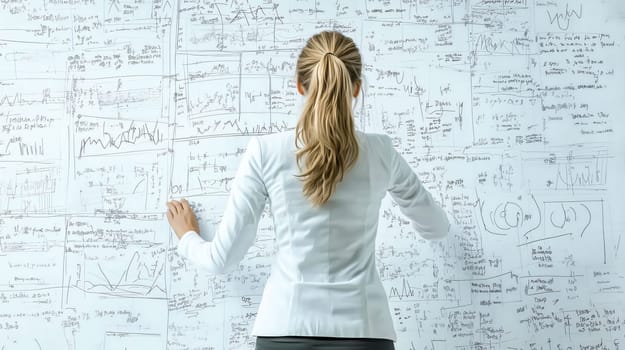 Businesswoman is analyzing notes and charts written on a whiteboard, representing market analysis and business strategy