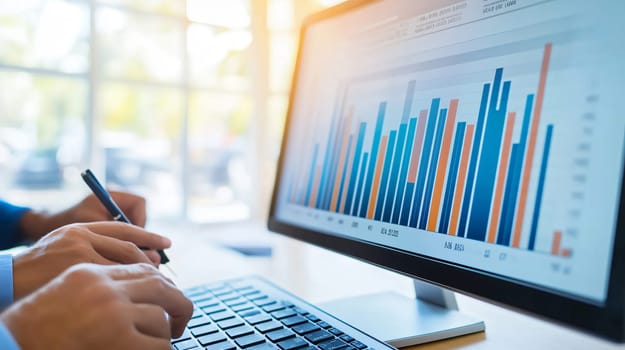 Business team reviewing and discussing financial data displayed on a computer screen, analyzing market trends and performance