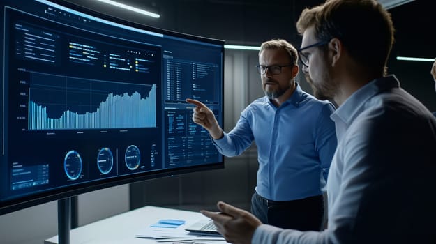 Team of analysts is working late, using data displayed on a large digital screen to make strategic decisions
