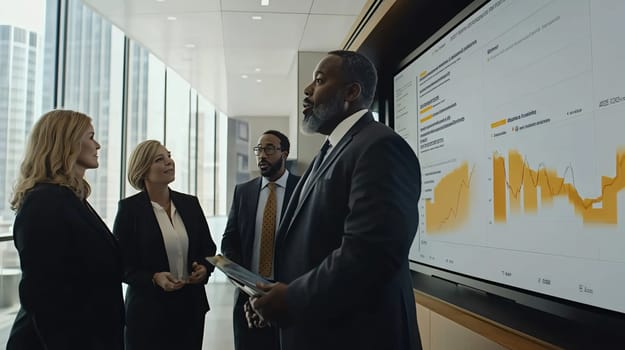 Team of business professionals is having a discussion while reviewing financial data displayed on a digital screen in a modern office