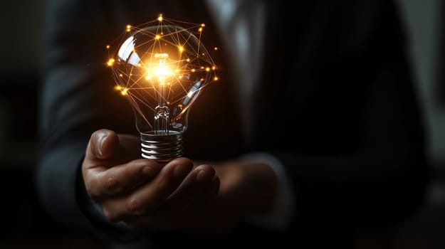 Businessman holding a light bulb with a glowing network, symbolizing innovation and creativity