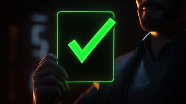 Businessman is holding a glowing green check mark hologram, signifying approval, success, and achievement