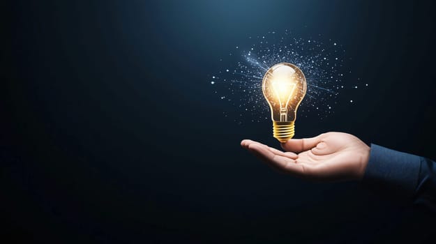 Hand holding a bright light bulb surrounded by digital data on a dark background, symbolizing innovation and new ideas