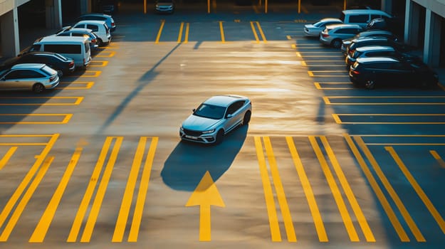 Modern silver car is driving through an empty parking lot with yellow lines